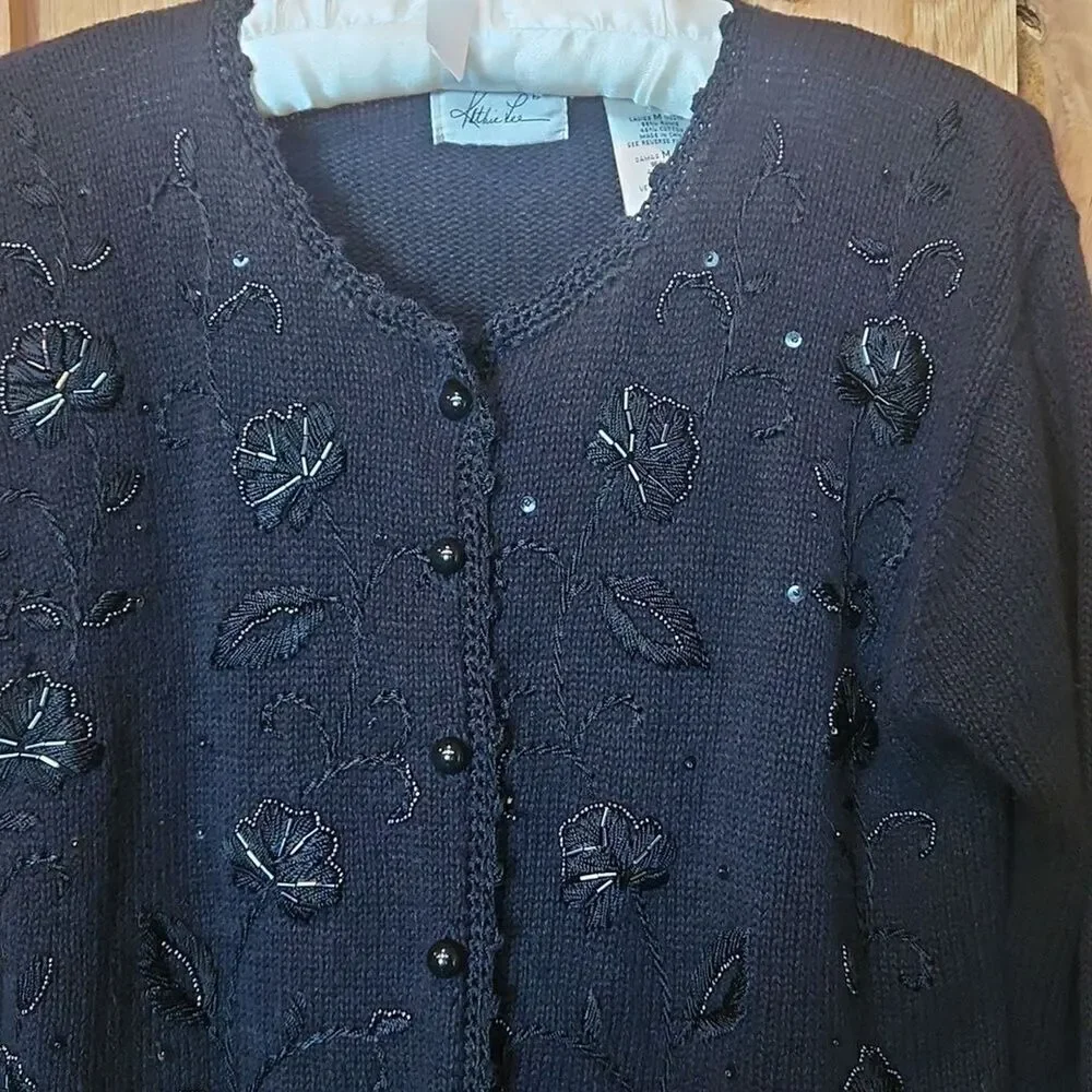Kathie Lee Collection Vintage Beaded Floral Embellished Cardigan, Medium, Black